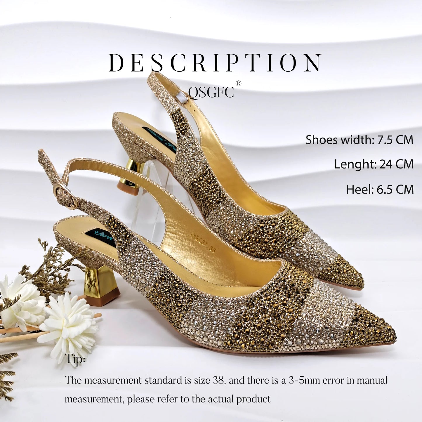 Gold Color Elegant Women Heels Shoes and Bag Set Hollow Rhinestones