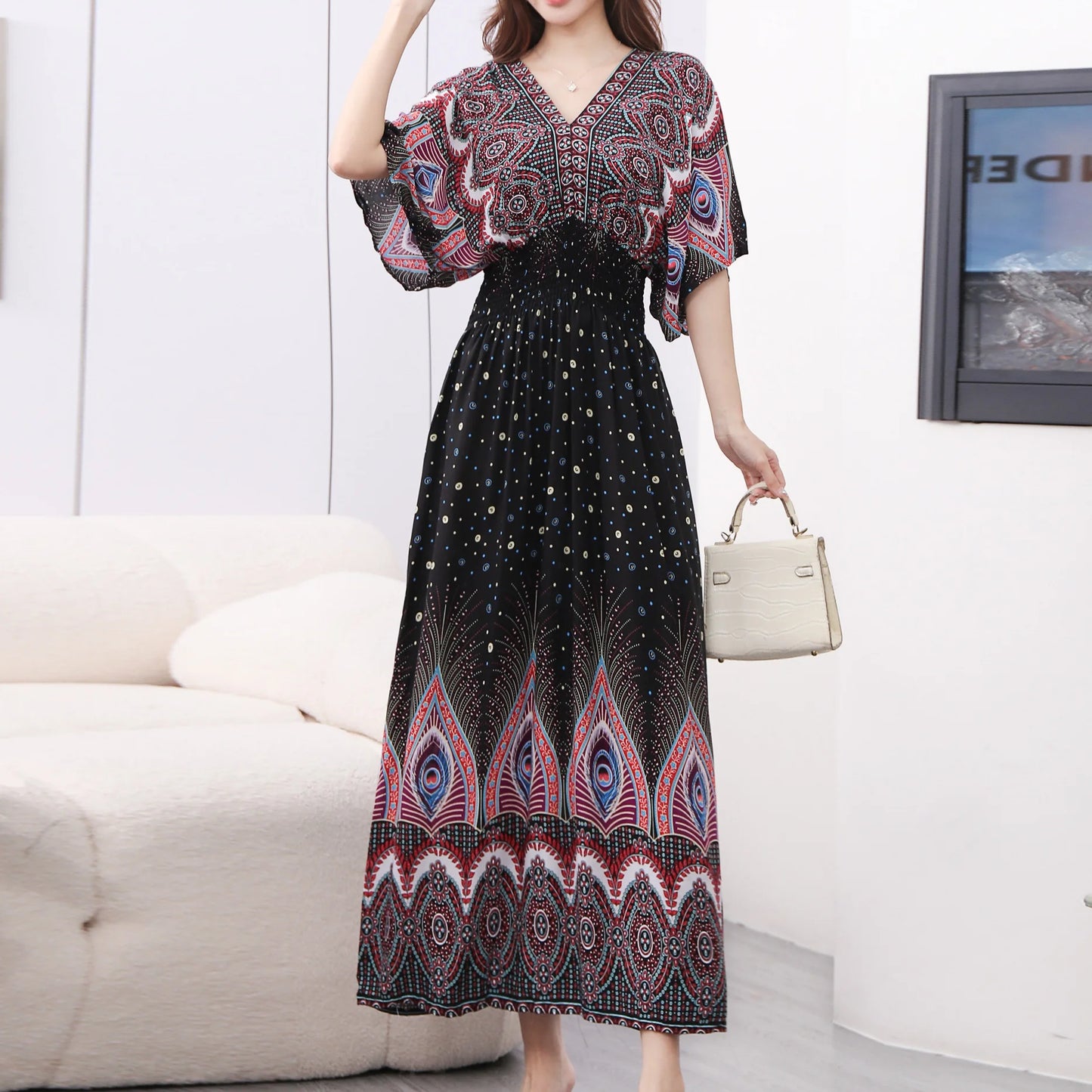 Casual Elegant Retro Bohemian National Style V-neck Elastic