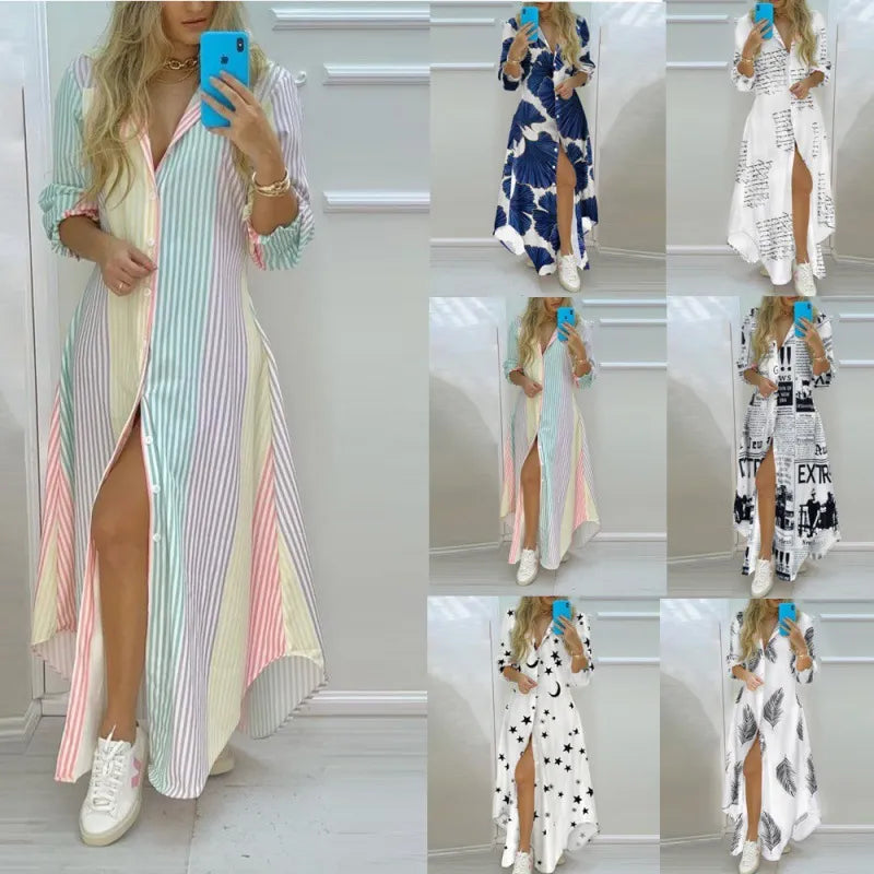 Women Boho Printed Long Shirts Dress Summer Turn-down Collar