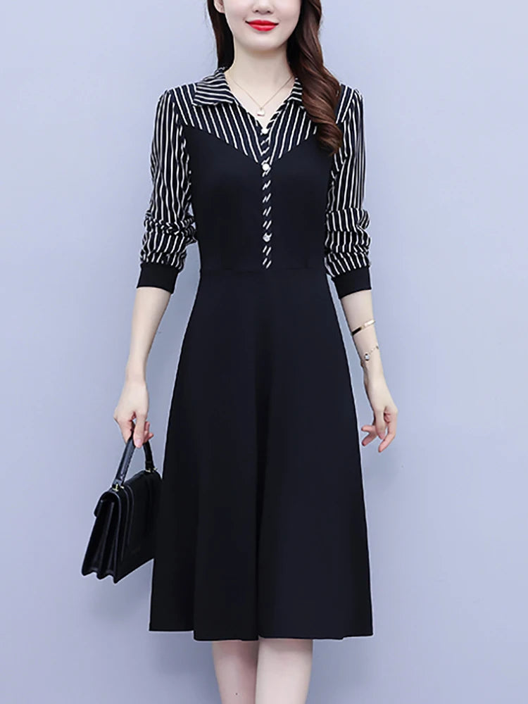 Striped Polo Collar Midi Vestidos Autumn Winter