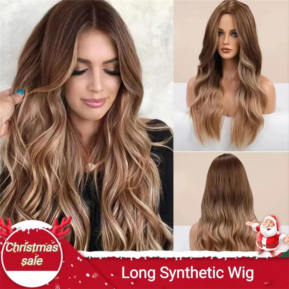 Long Brown Ombre Synthetic Wigs for Women Natural Hair Wavy Wigs Middle Part Female Wig Cosplay Heat Resistant Fiber Wigs