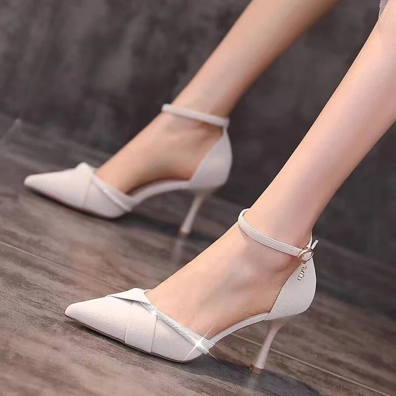 Bling Crystal Ankle Strap Pumps for Women Sexy Pointed