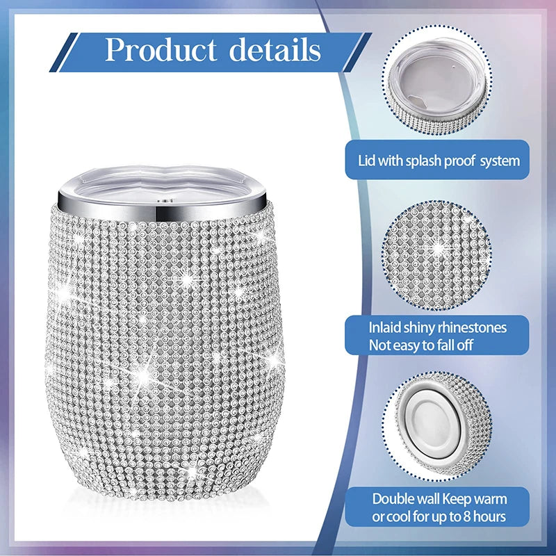 Stainless Steel Glitter Insulated Thermal Tumbler Egg Shape Cup Bling Wine Beer Coffee Mug Water Bottle Rhinestone Vacuum Flasks