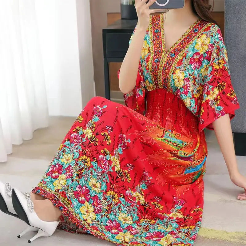 Casual Elegant Retro Bohemian National Style V-neck Elastic