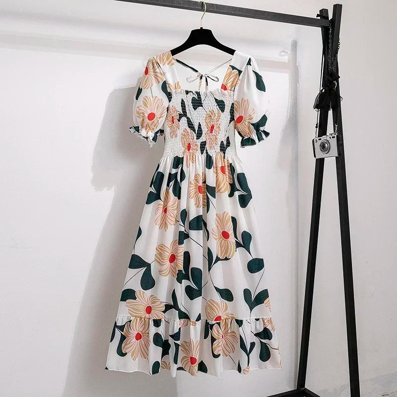 Spring Summer Chiffon Dresses Fashion Female Elastic Waist Short Sleeveos