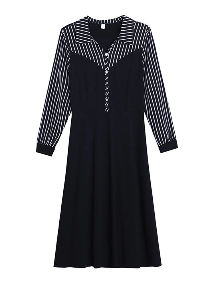 Striped Polo Collar Midi Vestidos Autumn Winter