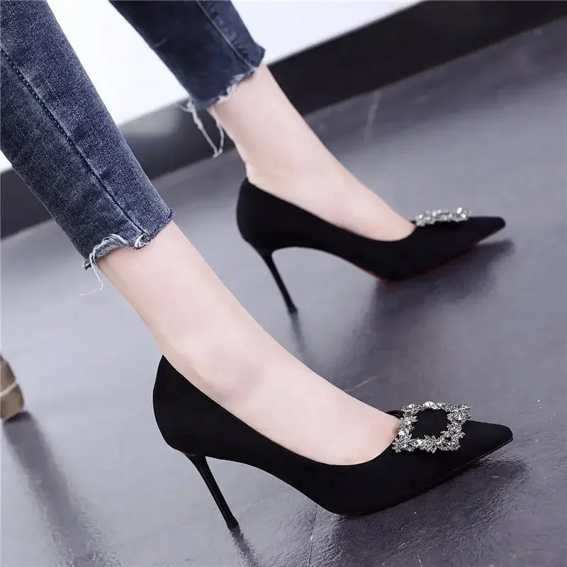 Women New Mid Heeled Sandals Black Square Buckle Pointed