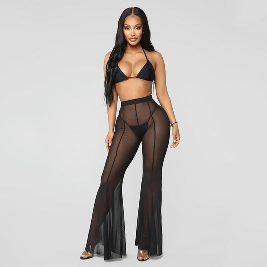 Women's Fashion Mesh See-through Stitching Flared Pants