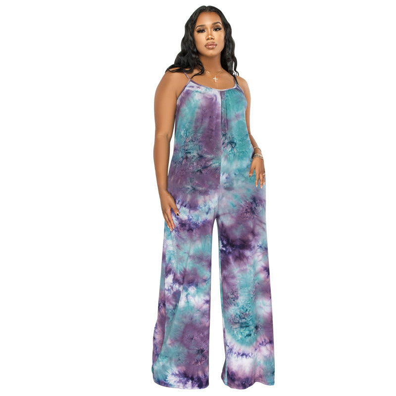 Tie-dyed Printed Sling Casual Plus Size Jumpsuit