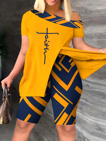 Sexy Off-the-shoulder Fashion Casual Printing Fifth Pants Suit