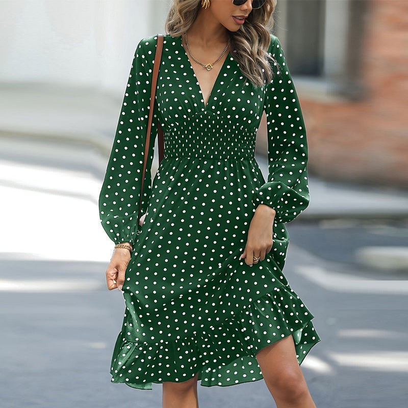 European And American Waist Slimming Polka Dot Long Sleeve Dress