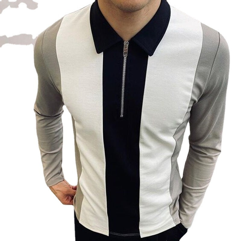 Men's Colorblock Zipper Lapel Long Sleeve T-shirt Slim Polo Shirt T-shirt