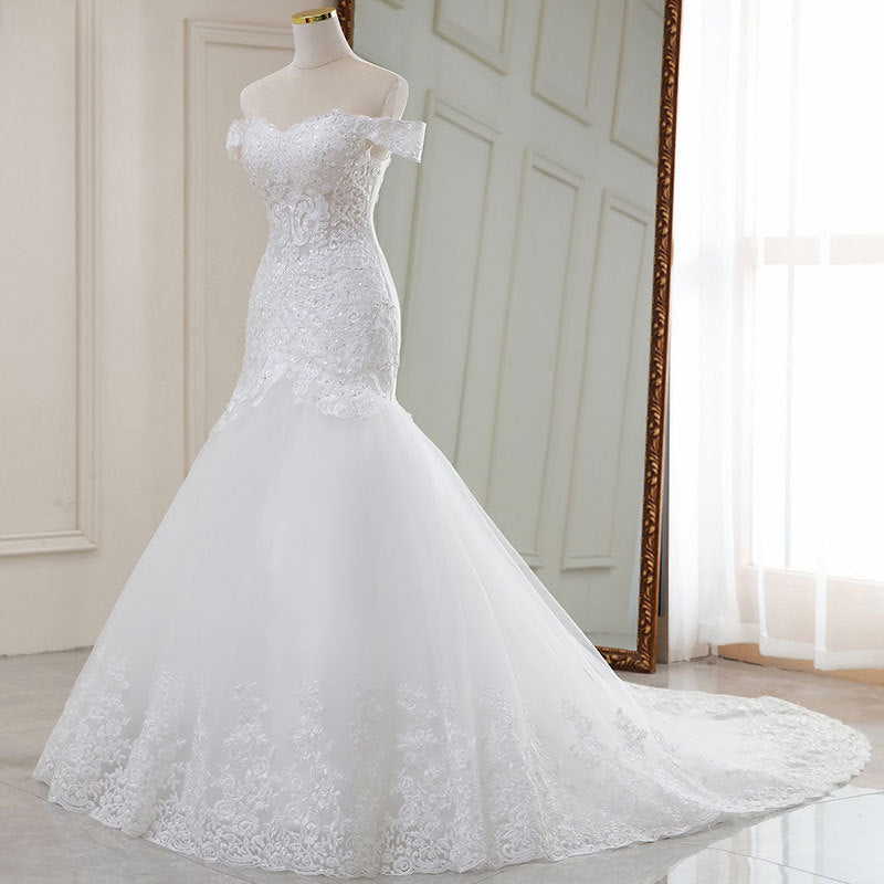 High Waist White Temperament Dream Lace Mid-waist Long Tail V-neck Wedding Dress