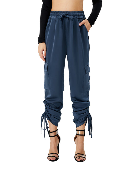 Women's Satin Jogger Pants Casual High Waist Long Lounge Pant Trousers With Pockets