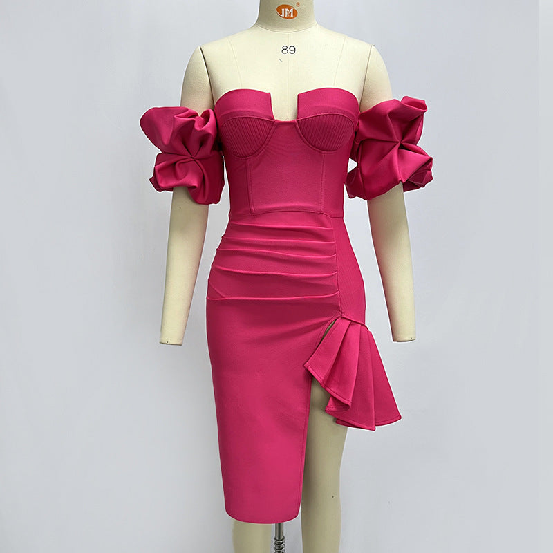 Women's Solid Color Lantern Sleeve Bandage Dress