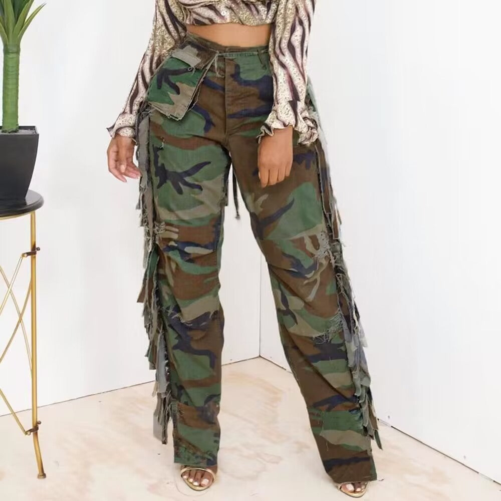 Women's Fashion Camouflage On Side Tassel Large Pocket Button Trousers