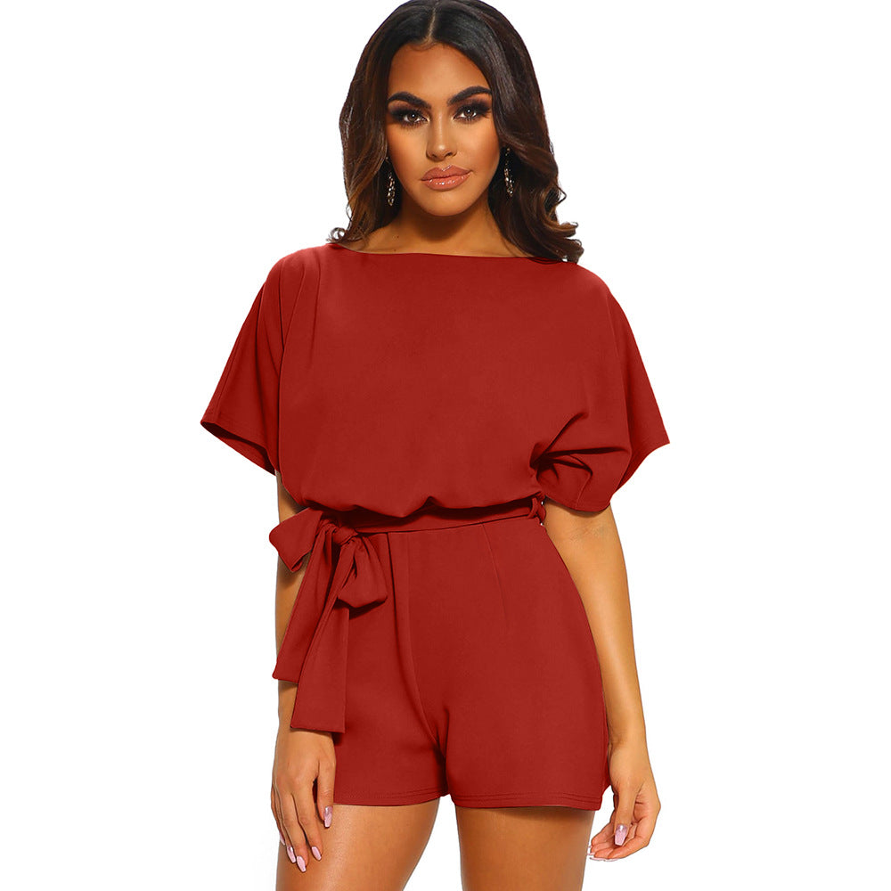 Women's Round Neck Short-sleeved Lace-up Jumpsuit