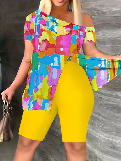 Sexy Off-the-shoulder Fashion Casual Printing Fifth Pants Suit