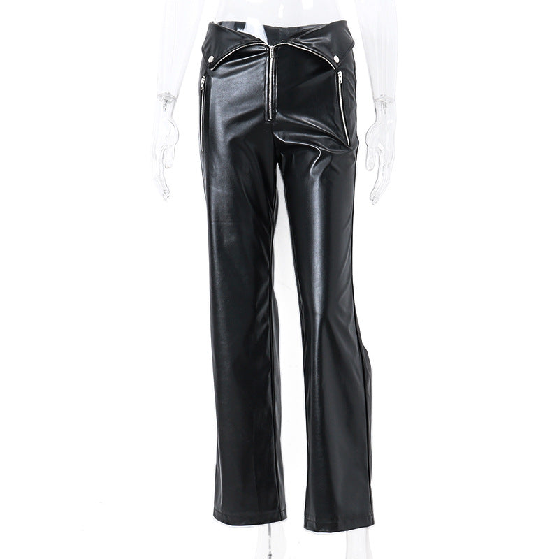 High Waist Straight Loose Wide Leg Casual Pants Leather Pants