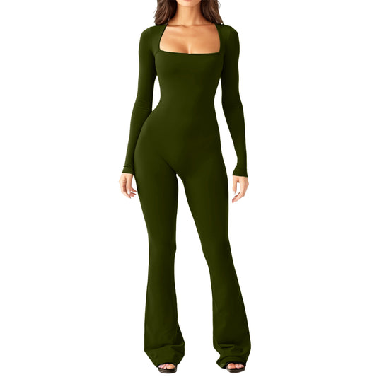 Women's Long Sleeve Belly And Waist Shaping Square Collar High Elastic Jumpsuit