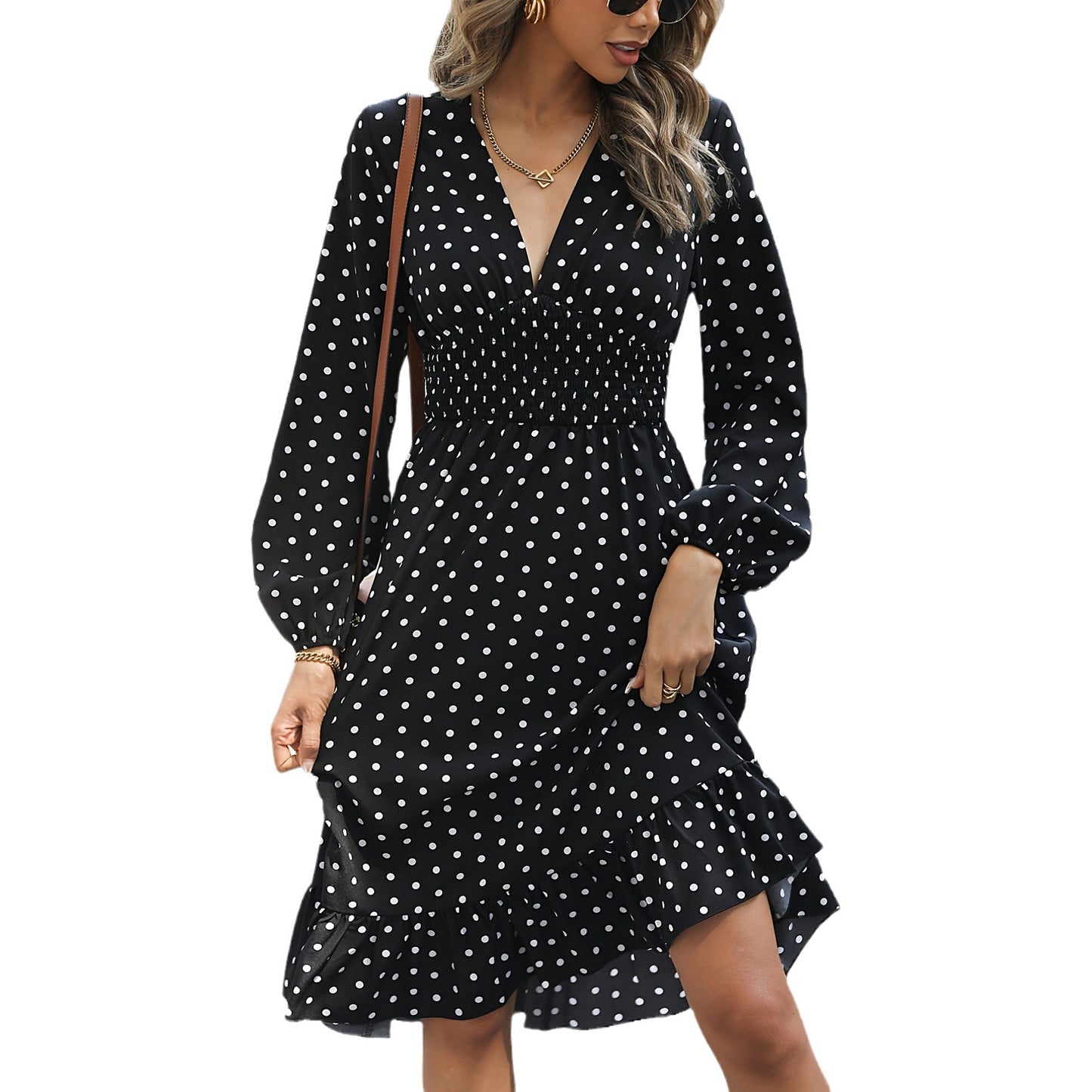 European And American Waist Slimming Polka Dot Long Sleeve Dress