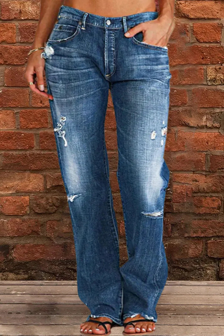 Loose Wide Leg Denim Retro Washed Ripped Trousers