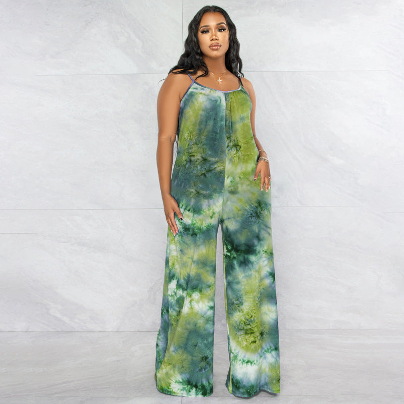 Tie-dyed Printed Sling Casual Plus Size Jumpsuit