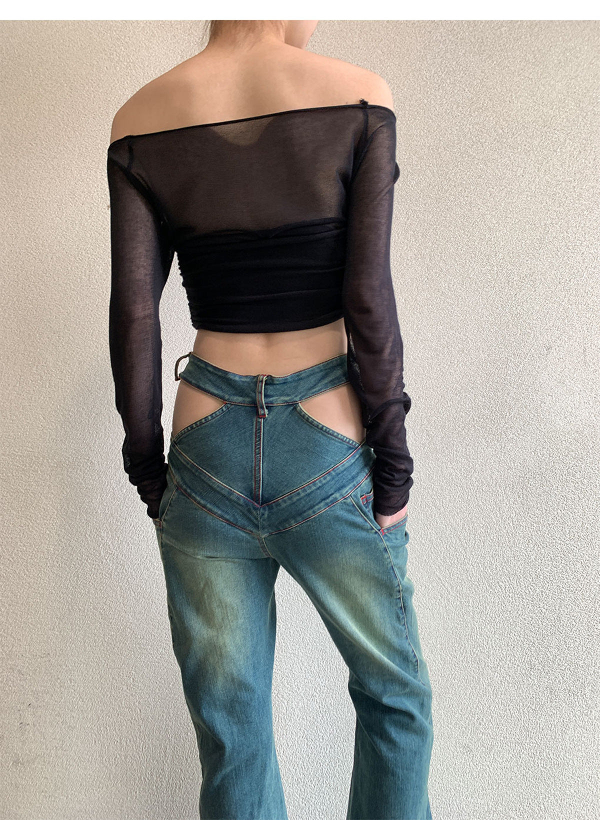 Slim Fit Hollow High Waist Pleated Placket Hot Girl Denim Bell-bottom Pants