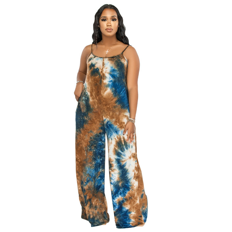 Tie-dyed Printed Sling Casual Plus Size Jumpsuit