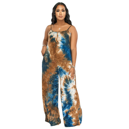 Tie-dyed Printed Sling Casual Plus Size Jumpsuit