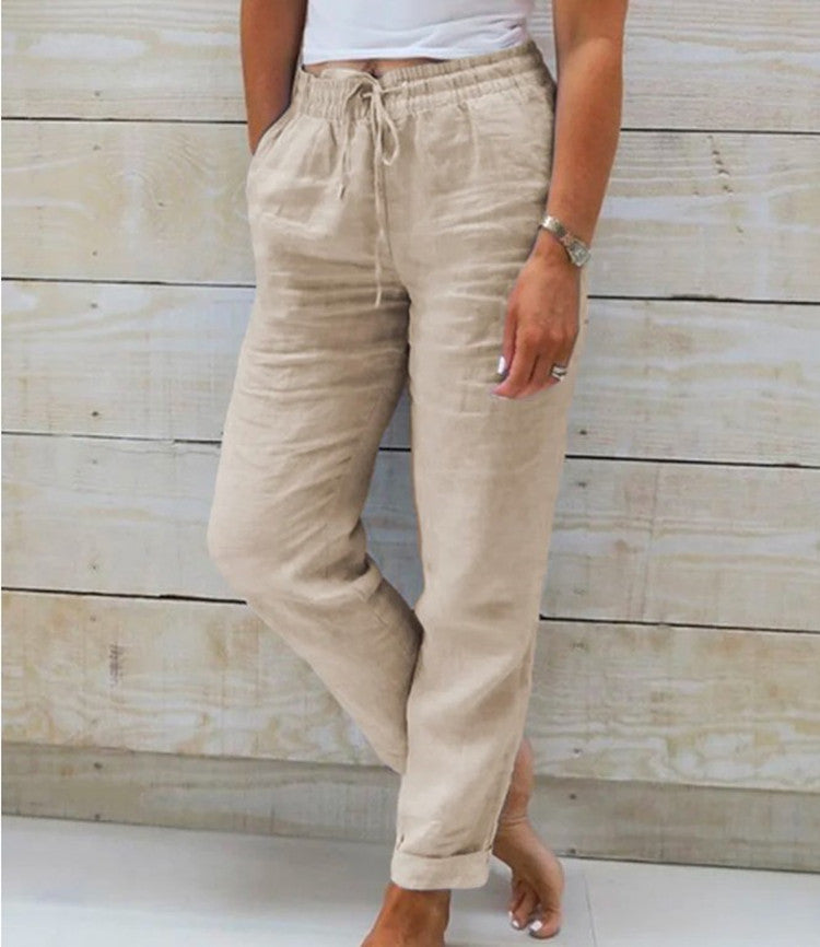 Cotton And Linen Women's High Waist Elastic Waist Solid Color Cotton And Linen Casual Pants